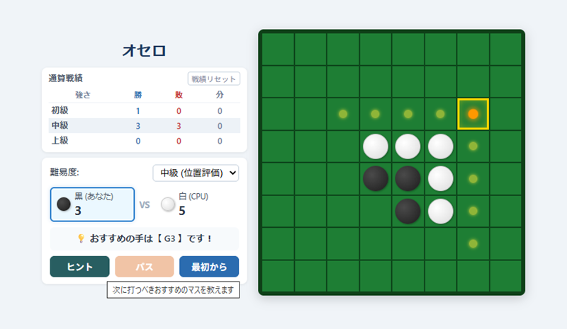 The finished Othello game in a browser: the board shows legal-move guides and a highlighted suggested move, with a record table and difficulty selector