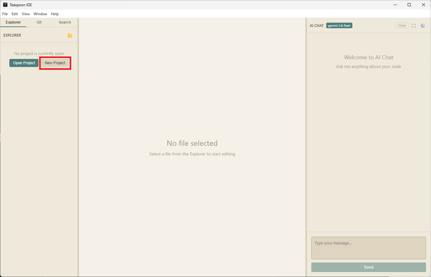 Teaspoon IDE right after launch with the English UI: gemini-3.8-flash is selected as the AI chat model and the New Project button is highlighted