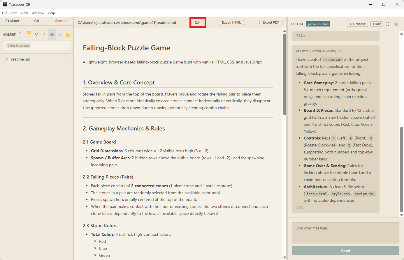 The AI-generated readme.md spec in English: file structure, board size, stone colors, and controls itemized, with an English summary shown in the chat pane on the right