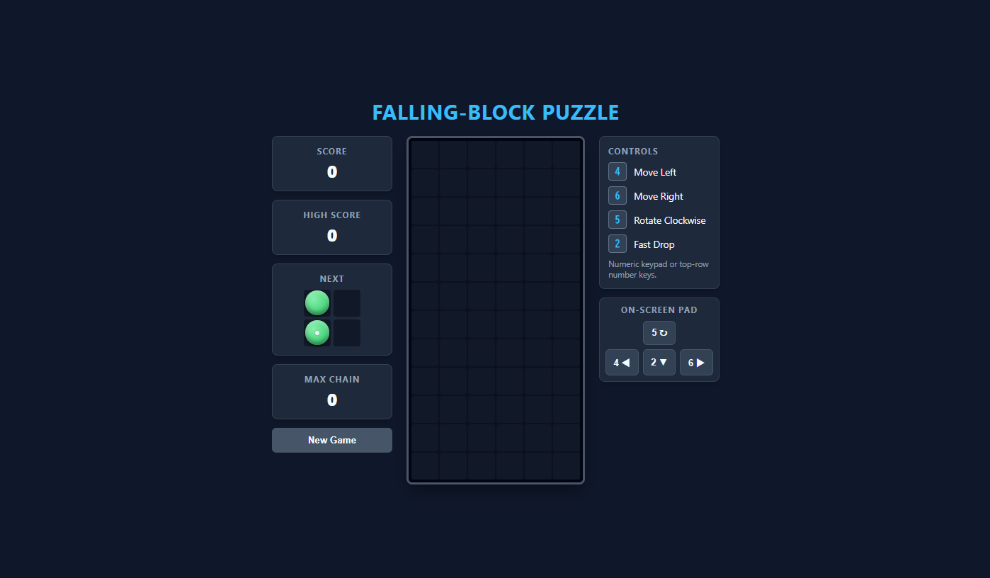 The game right after launch: an empty board with NEXT, SCORE, HIGH SCORE, and MAX CHAIN panels plus a controls guide and an on-screen pad